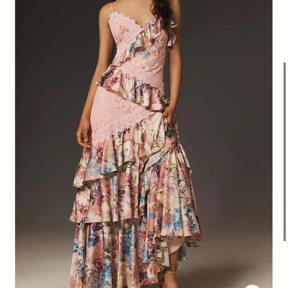 BHLDN Elora Sleeveless V-Neck Ruffle Lace Maxi Dress
